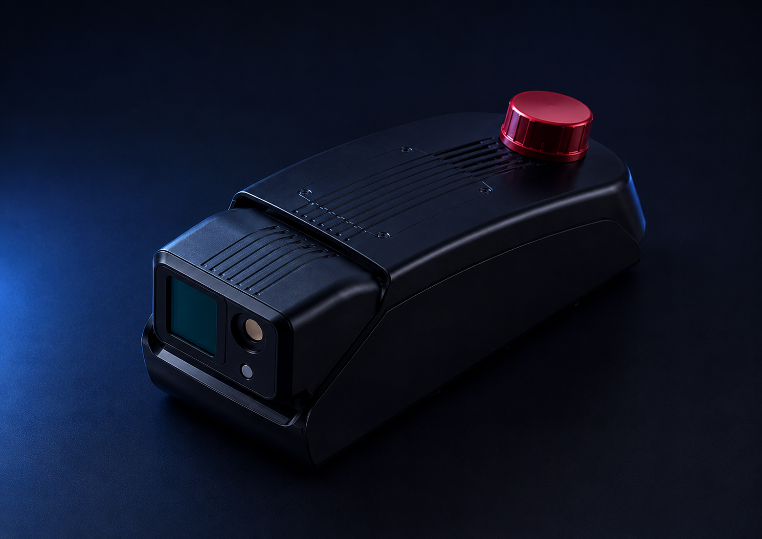 PAI-Lynx: a matte black ruggedised module with a red anodised 3D LiDAR puck on top and a tiltable sensor head carrying a thermal window and an optical lens, lit against a dark blue ground.